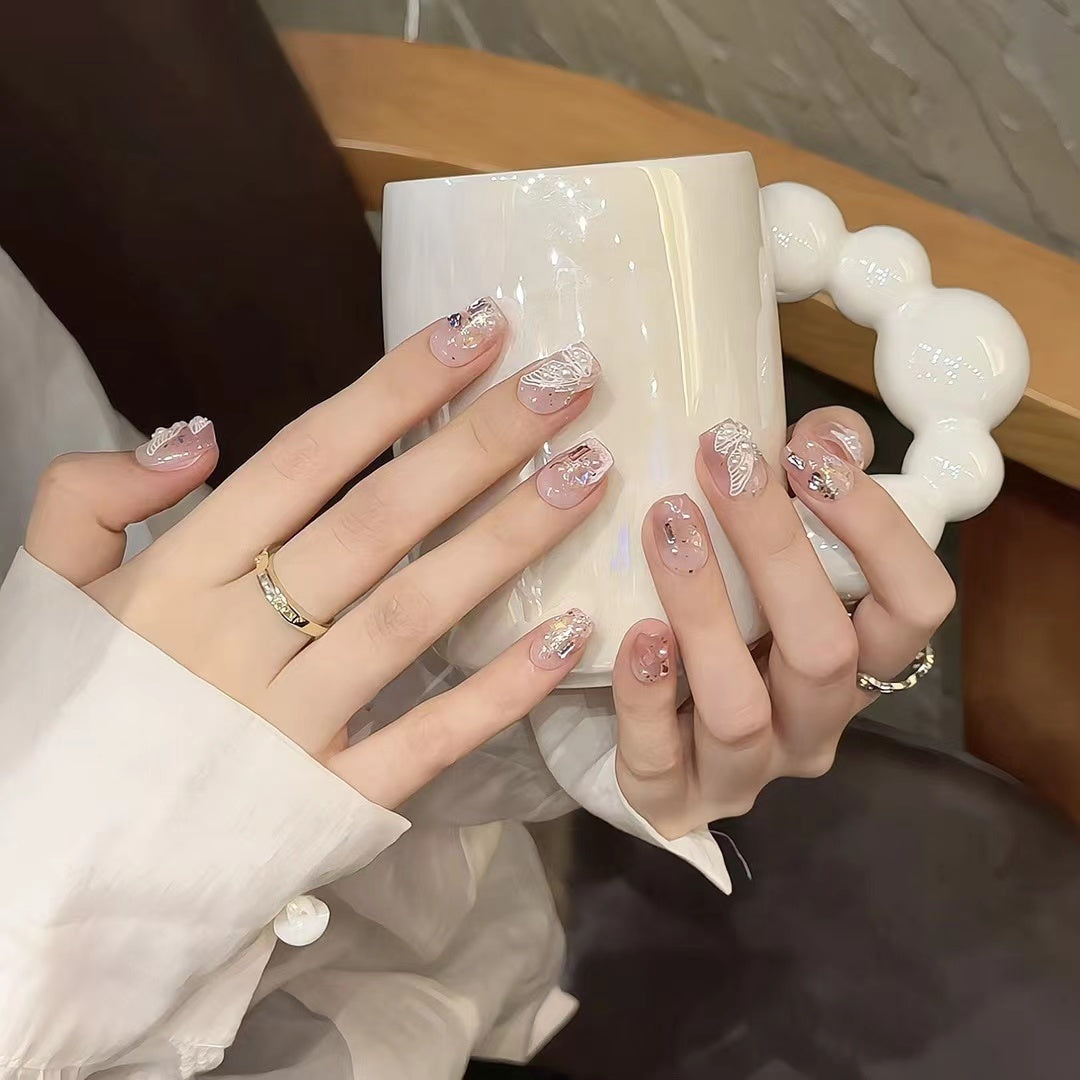 Pink Butterfly Sparkle Press - on Nails