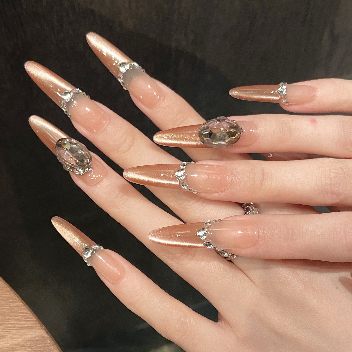 Nude - Pink Brown Gradient Gemstone Glam Press - on Nails