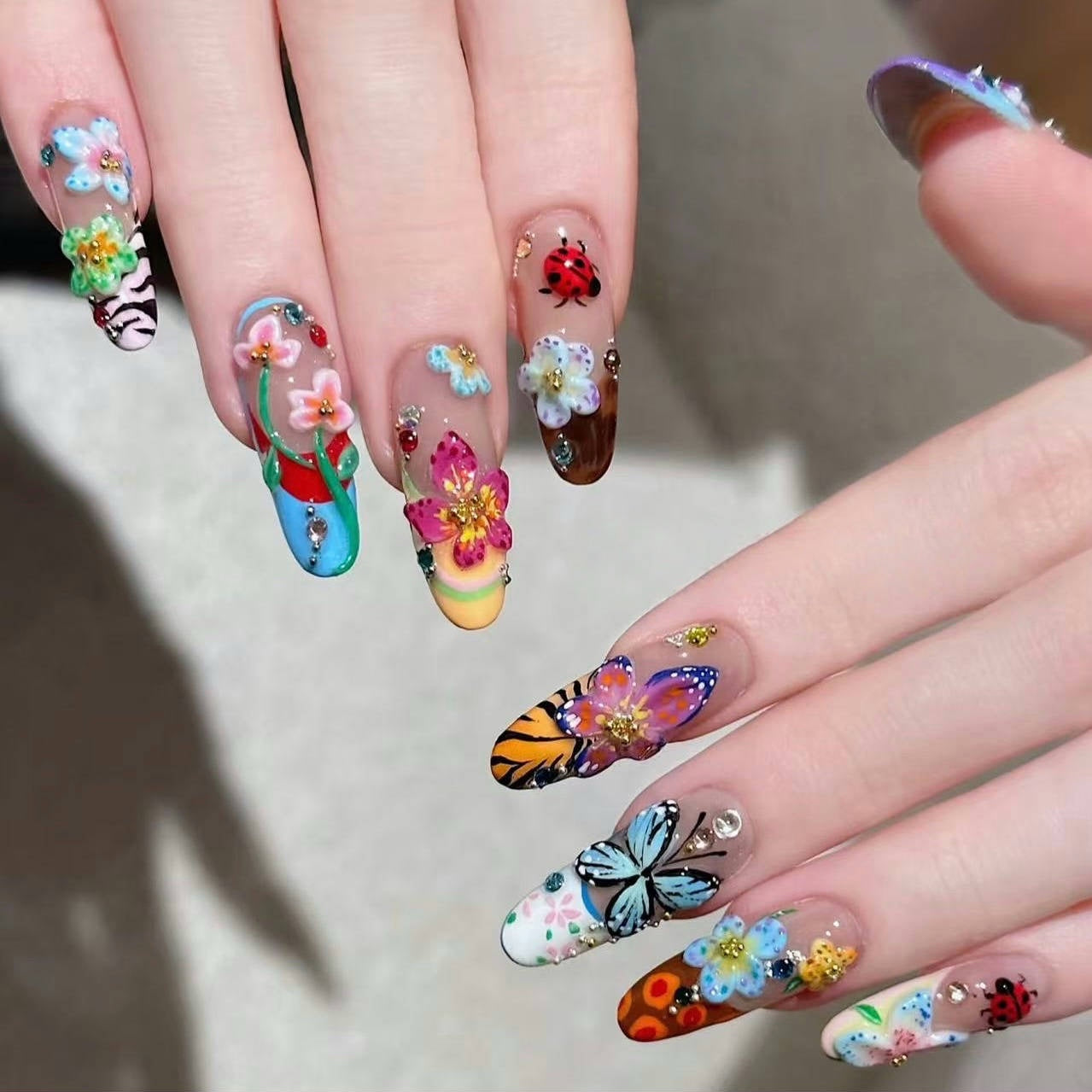 Colorful Floral Insect Elf - style Press - on Nails