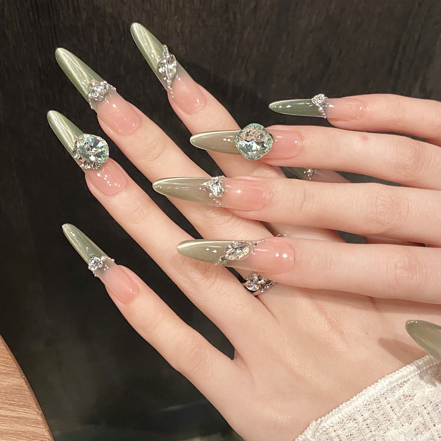 Pink - Green Gradient Butterfly Gemstone Glam Press - on Nails