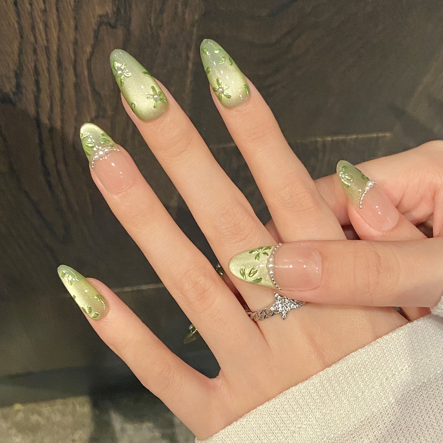 Green - Pink Floral Pearl Press - on Nails