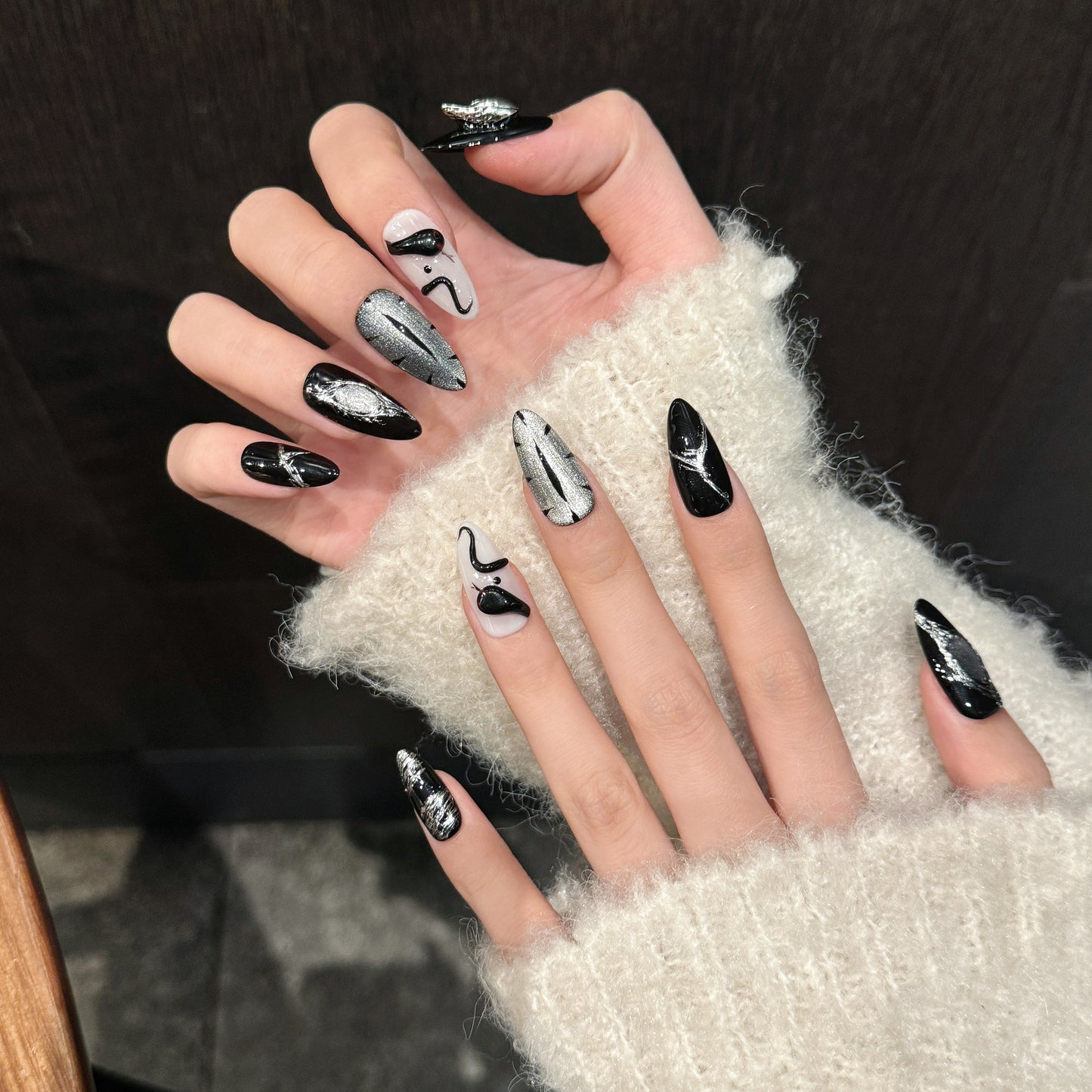 Dark Abstract Line Art Nails
