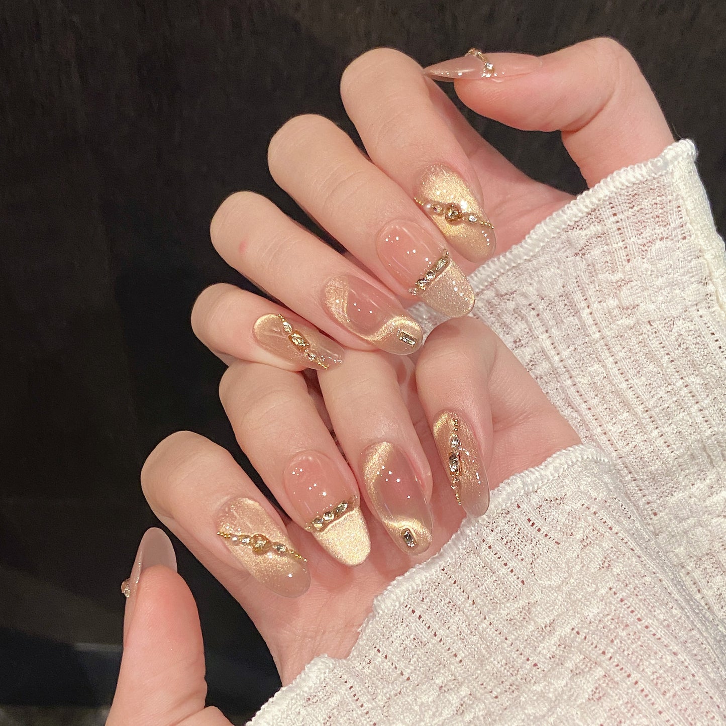 Pink Gold Chain Gemstone Glam Press - on Nails