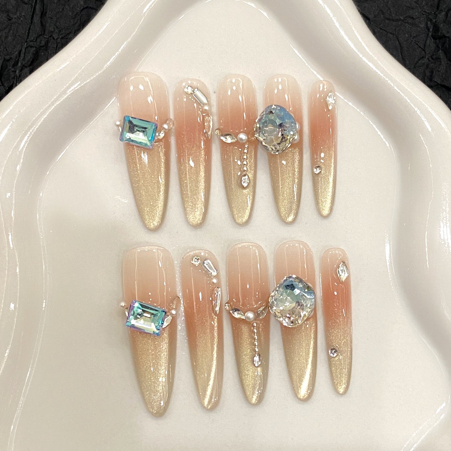 Pink - Gold Gradient Gem Pearl Chain Elegant Press - on Nails