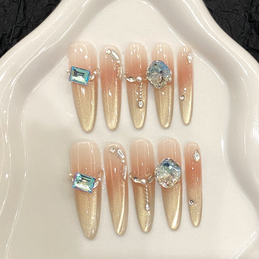 Pink - Gold Gradient Gem Pearl Chain Elegant Press - on Nails