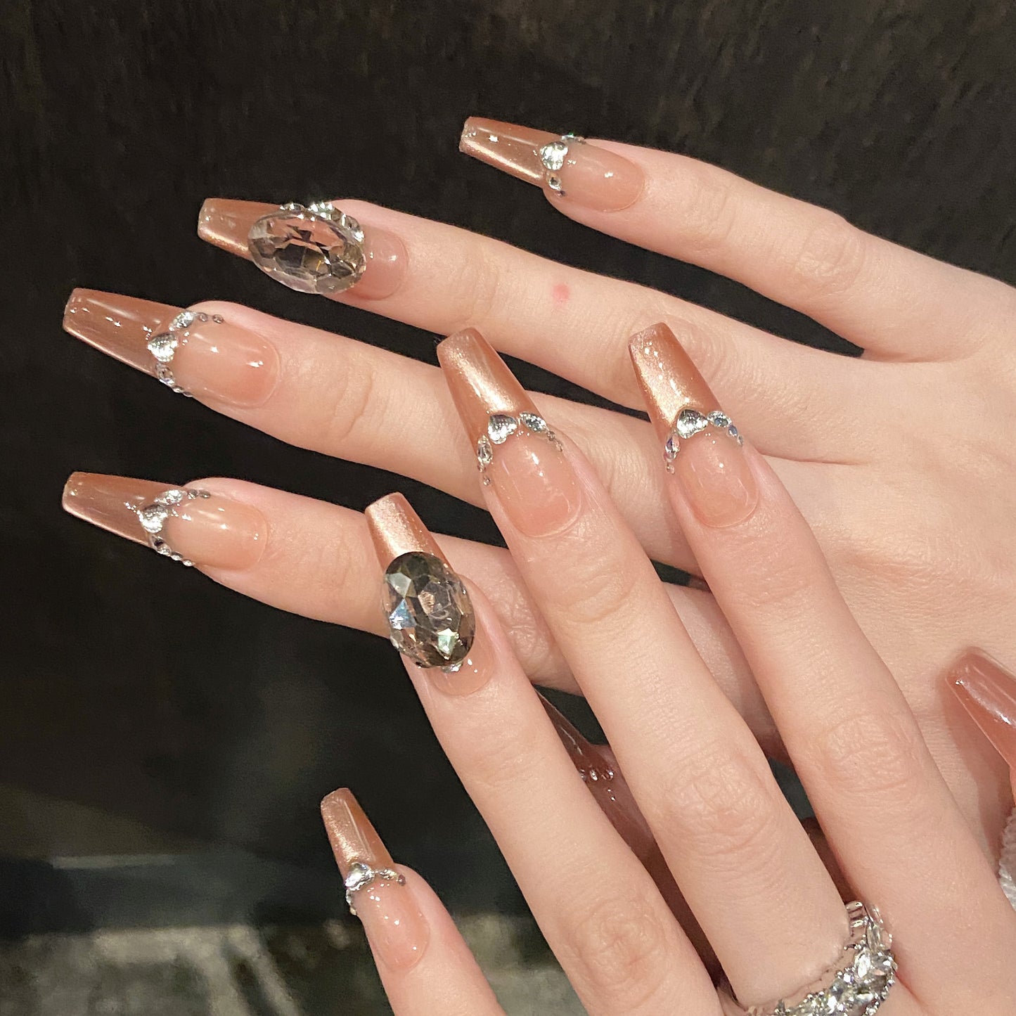 Nude - Pink Brown Gradient Gemstone Glam Press - on Nails