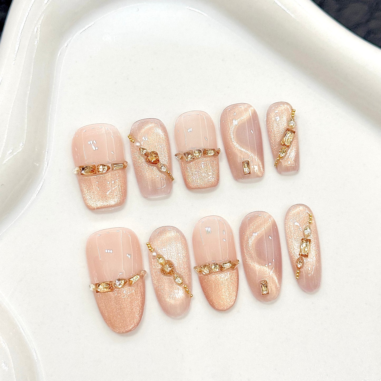 Pink Gold Chain Gemstone Glam Press - on Nails