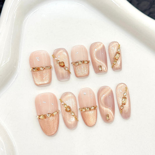 Pink Gold Chain Gemstone Glam Press - on Nails