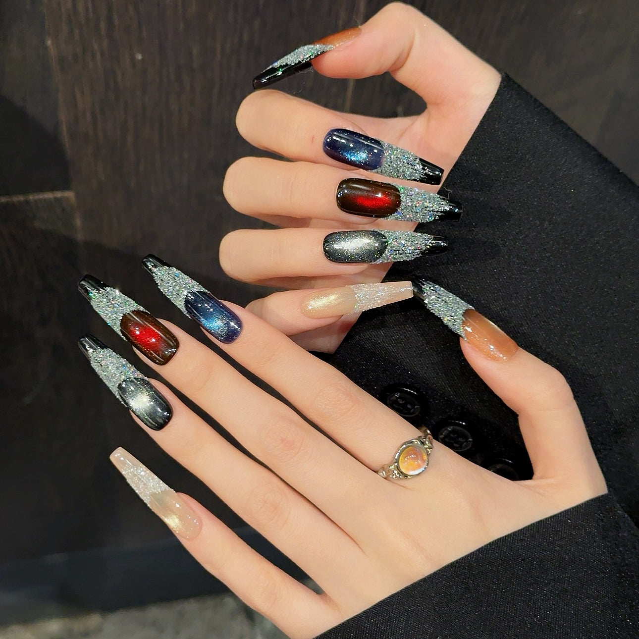 Multi - colored Sparkle Black - edge Fashion Press - on Nails