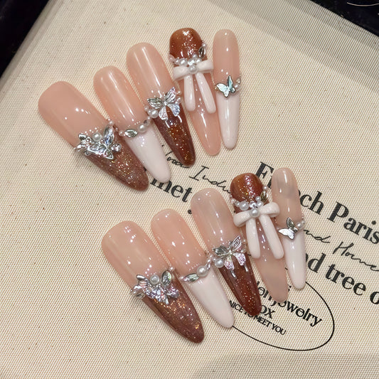 Pink - Brown Butterfly Pearl Bow Elegant Press - on Nails
