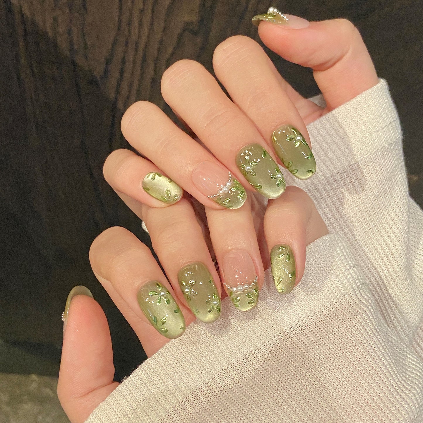 Green - Pink Floral Pearl Press - on Nails