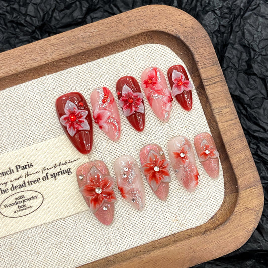 Pink & Red Floral Gradient Glam Press - on Nails