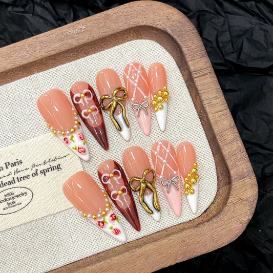 Pink - White Gold Bow Pearl Rose Elegant Press - on Nails