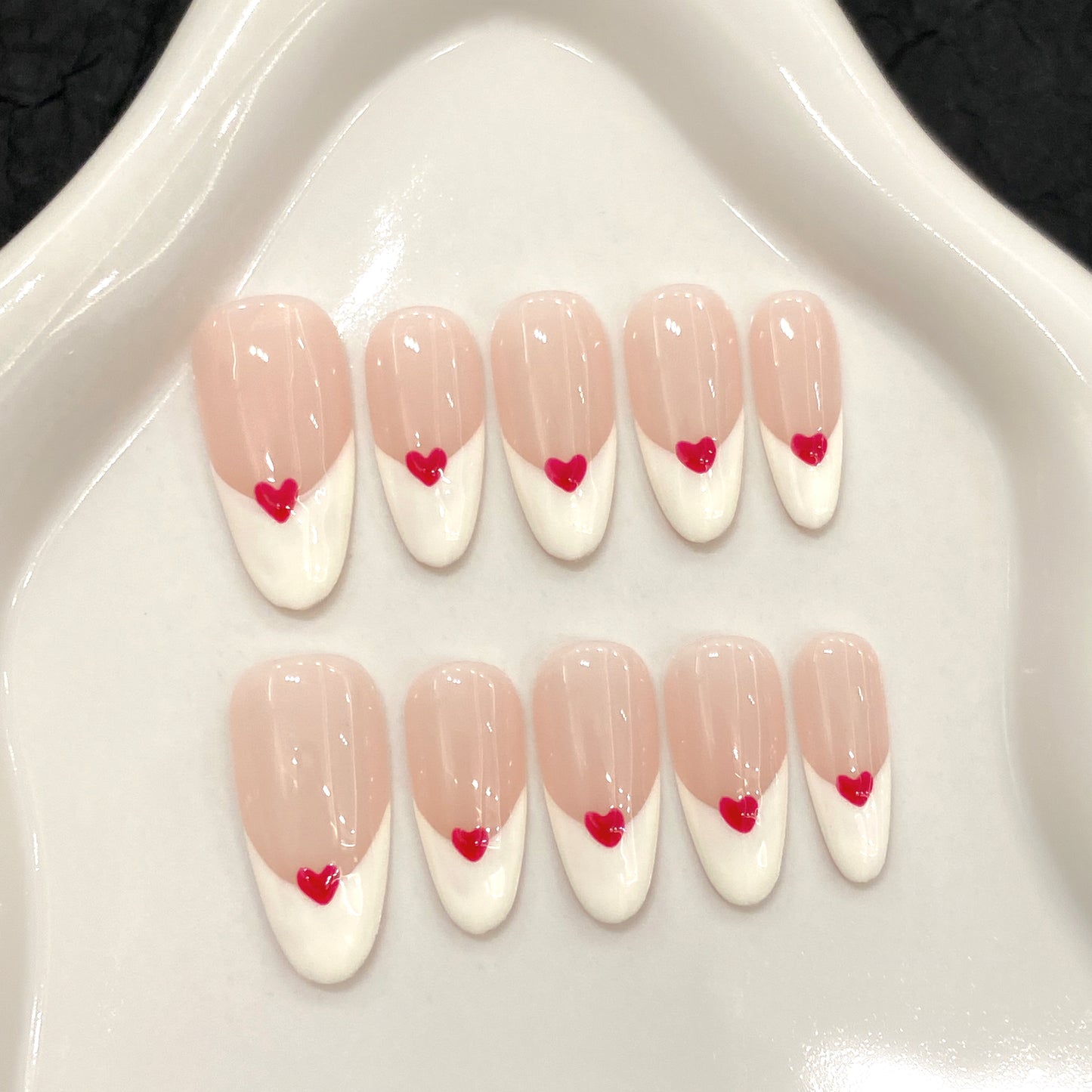 Pink - White French - style Heart Press - on Nails