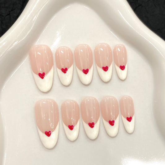 Pink - White French - style Heart Press - on Nails