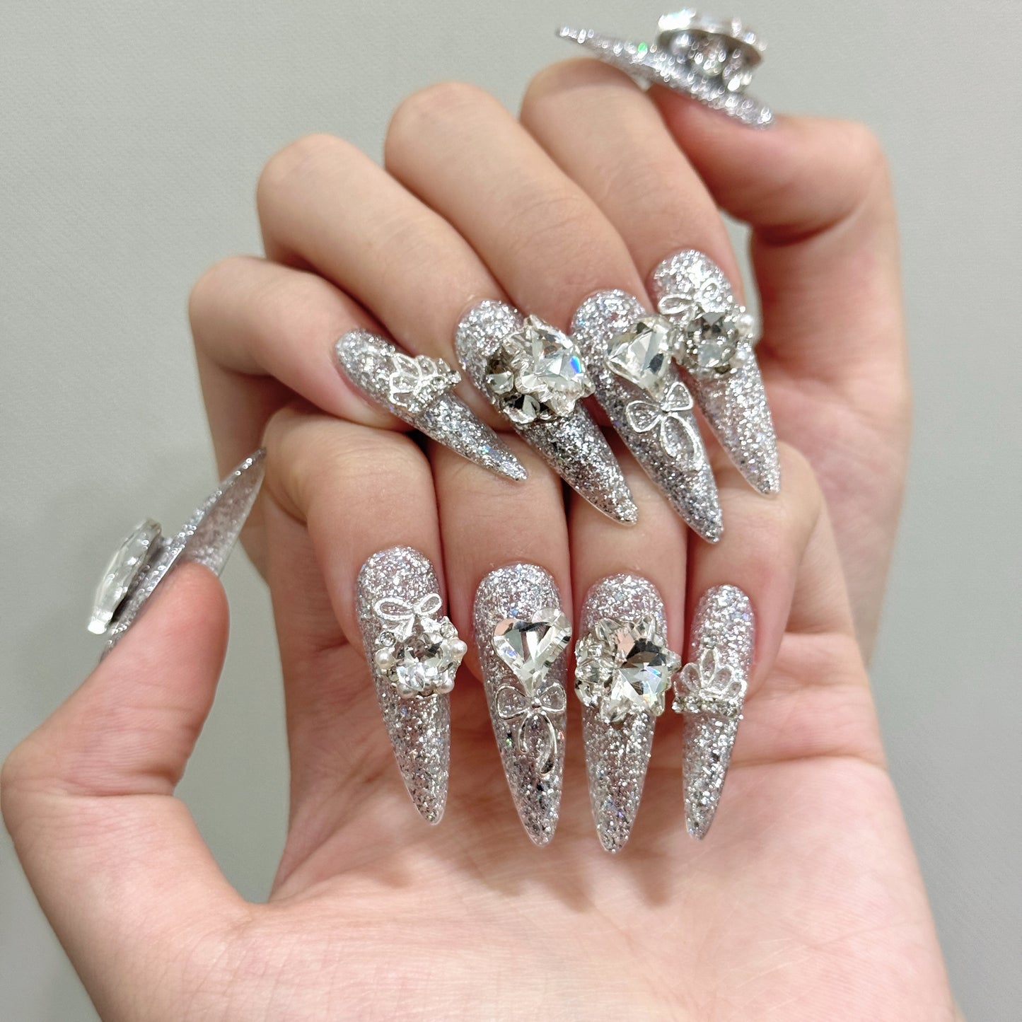 Silver Sparkle Butterfly Gemstone Press - on Nails