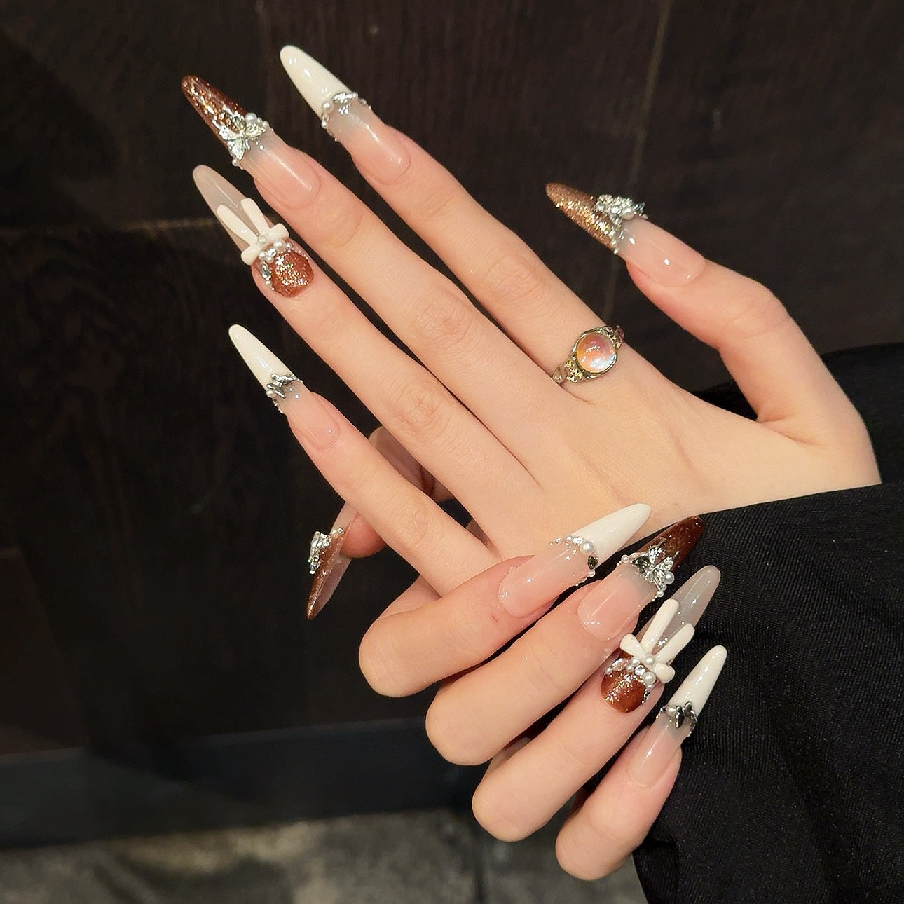 Pink - Brown Butterfly Pearl Bow Elegant Press - on Nails