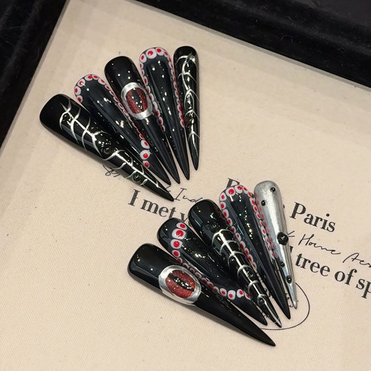 Dark Gothic Red Dot & Lip Press - on Nails