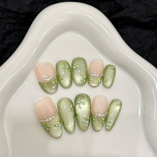 Green - Pink Floral Pearl Press - on Nails