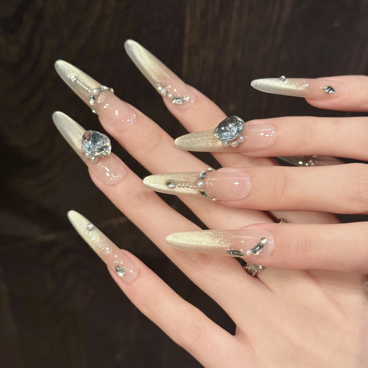 Pink - Gold Gradient Gem Pearl Chain Elegant Press - on Nails
