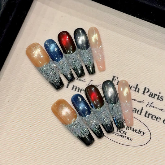 Multi - colored Sparkle Black - edge Fashion Press - on Nails