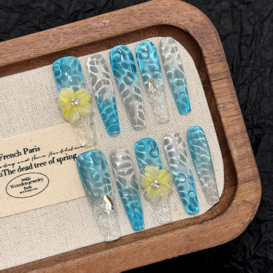 Blue - Transparent Wave Floral Diamond Press - on Nails
