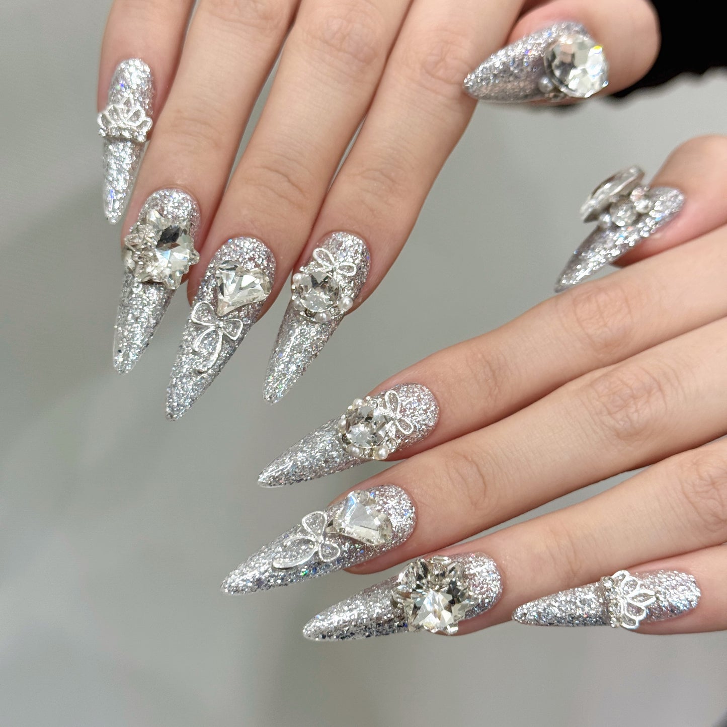 Silver Sparkle Butterfly Gemstone Press - on Nails