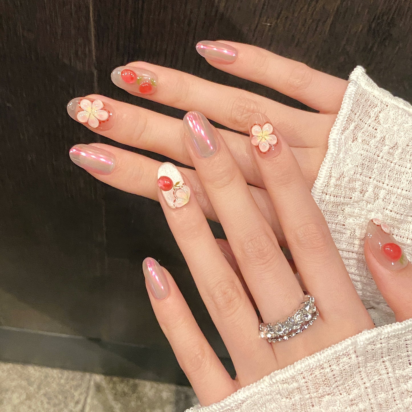 Pink Floral Strawberry Aurora Press - on Nails