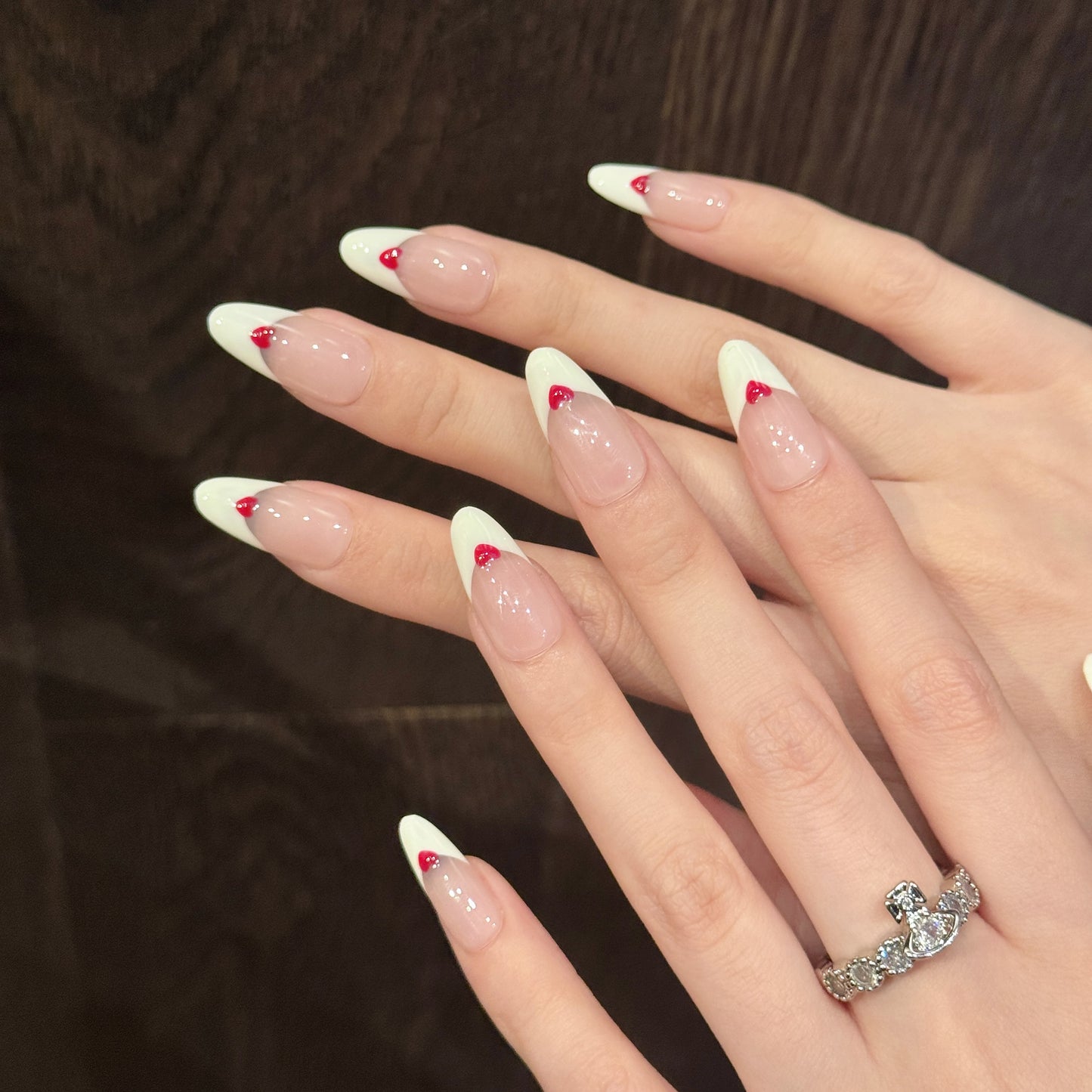 Pink - White French - style Heart Press - on Nails