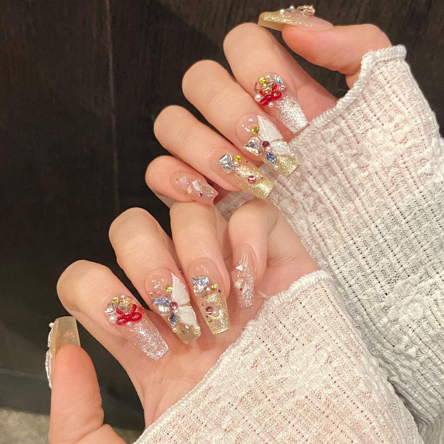 Butterfly Pearl Gemstone Glitter Glam Press - on Nails