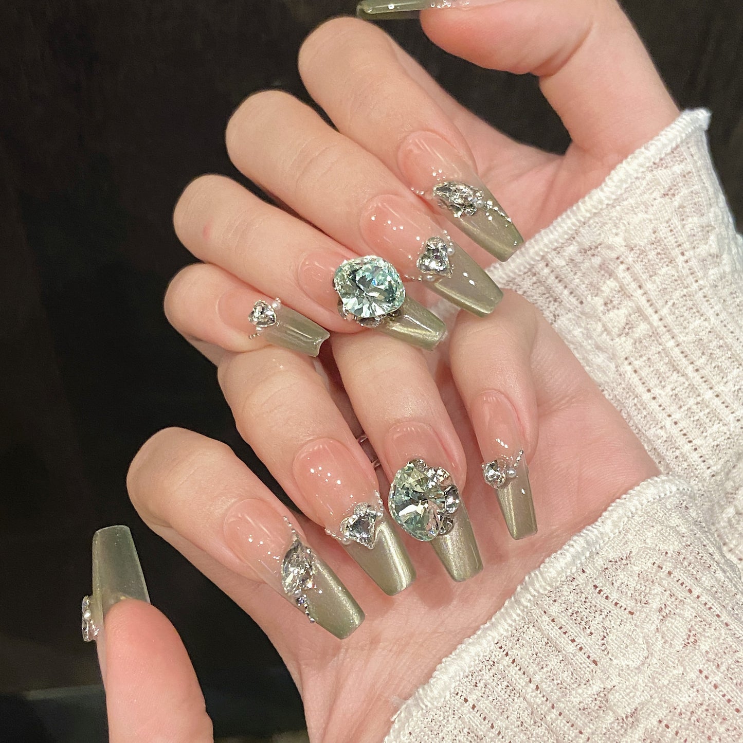 Pink - Green Gradient Butterfly Gemstone Glam Press - on Nails