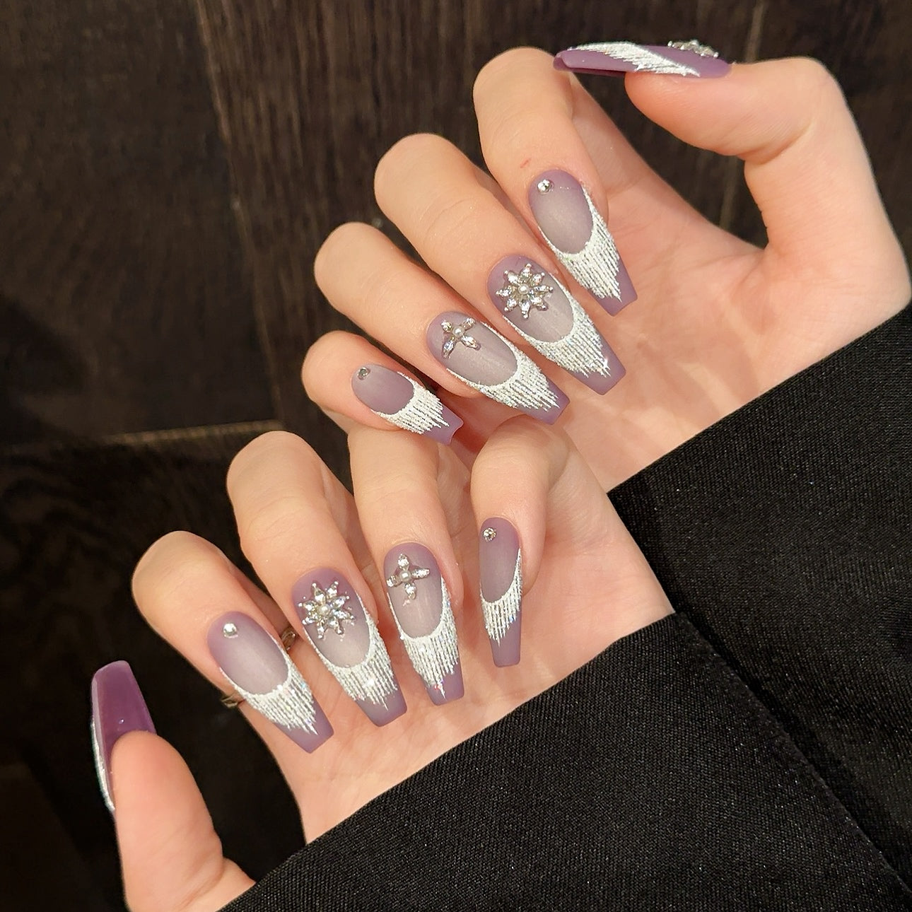 Purple Silver - tassel Diamond - flower Elegant Press - on Nails