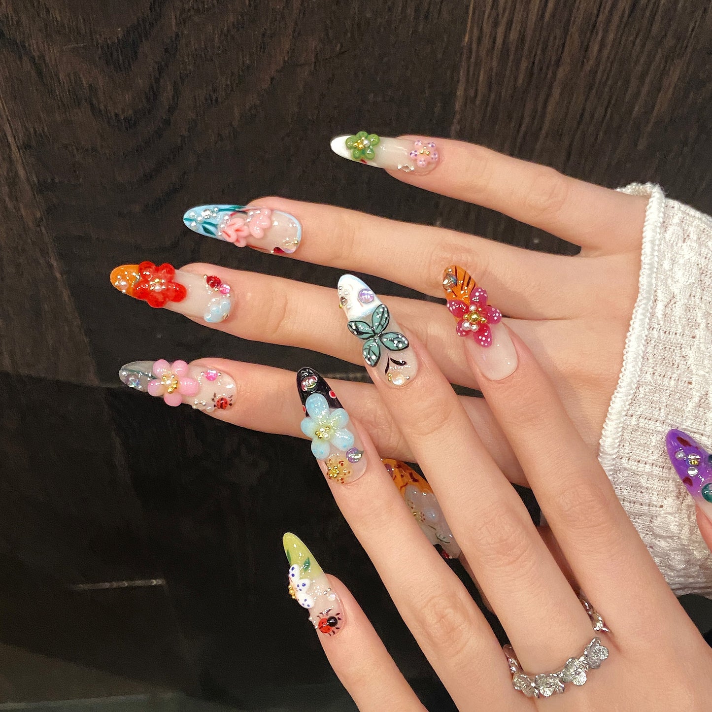 Colorful Floral Insect Elf - style Press - on Nails