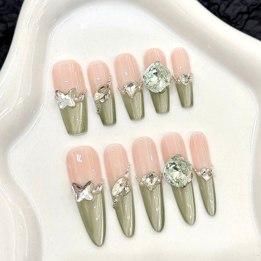Pink - Green Gradient Butterfly Gemstone Glam Press - on Nails