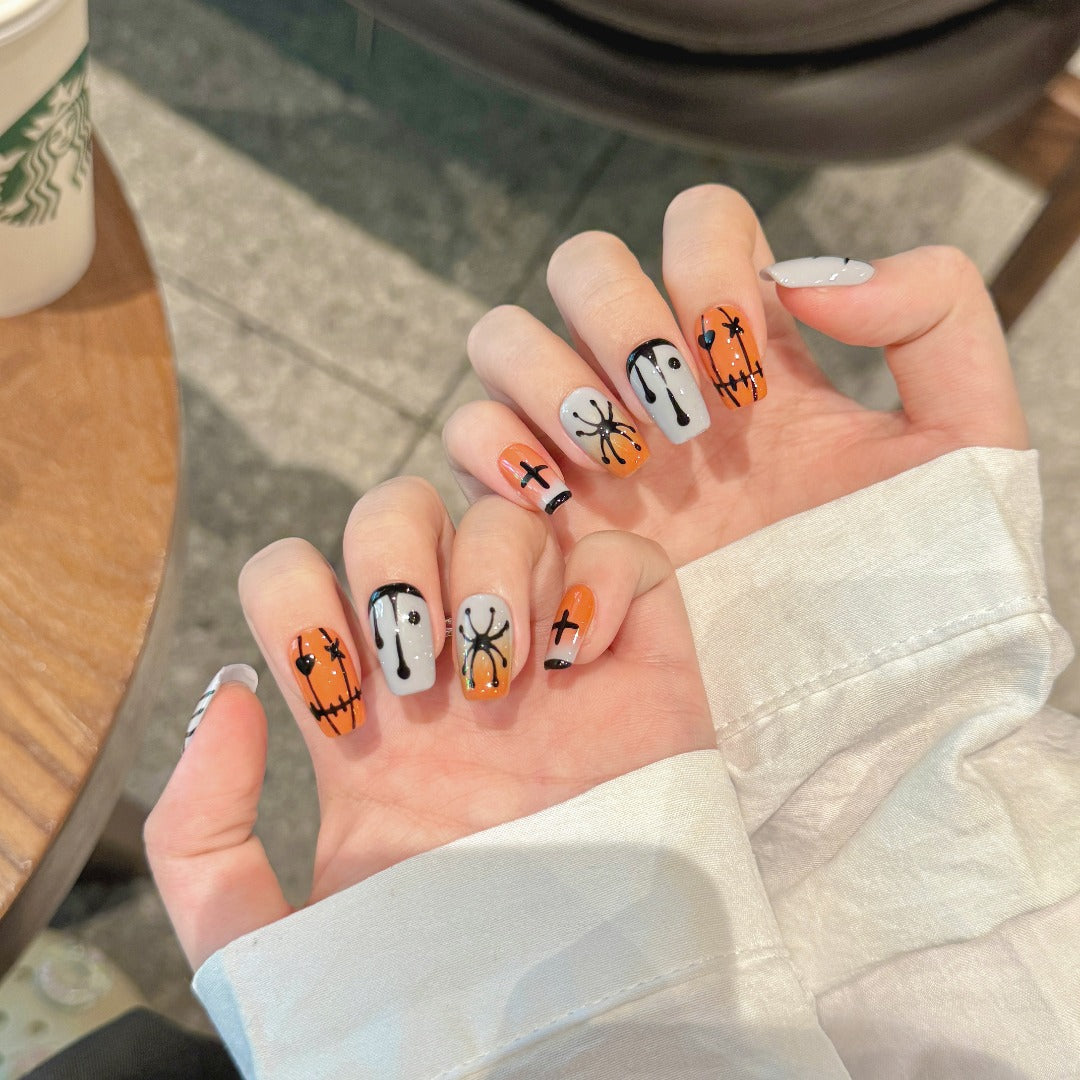Halloween - themed Pumpkin Ghost Spider Press - on Nails