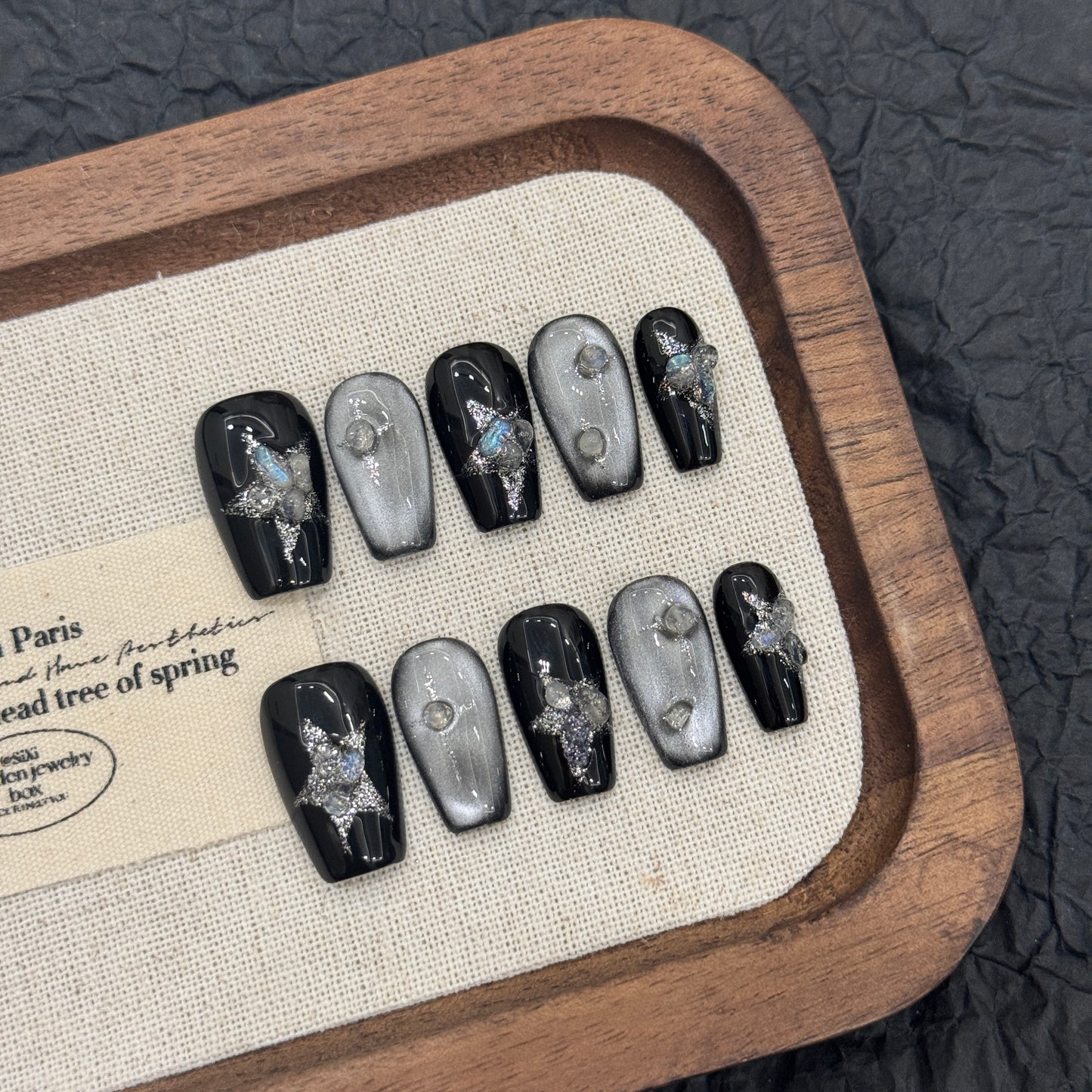 Black - Silver Star Sparkle Press - on Nails