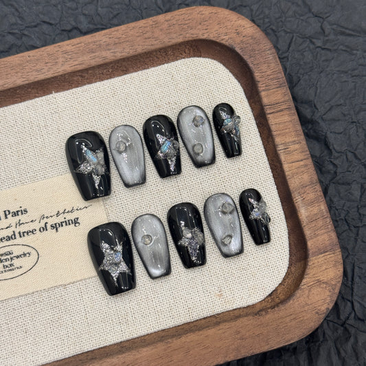 Black - Silver Star Sparkle Press - on Nails