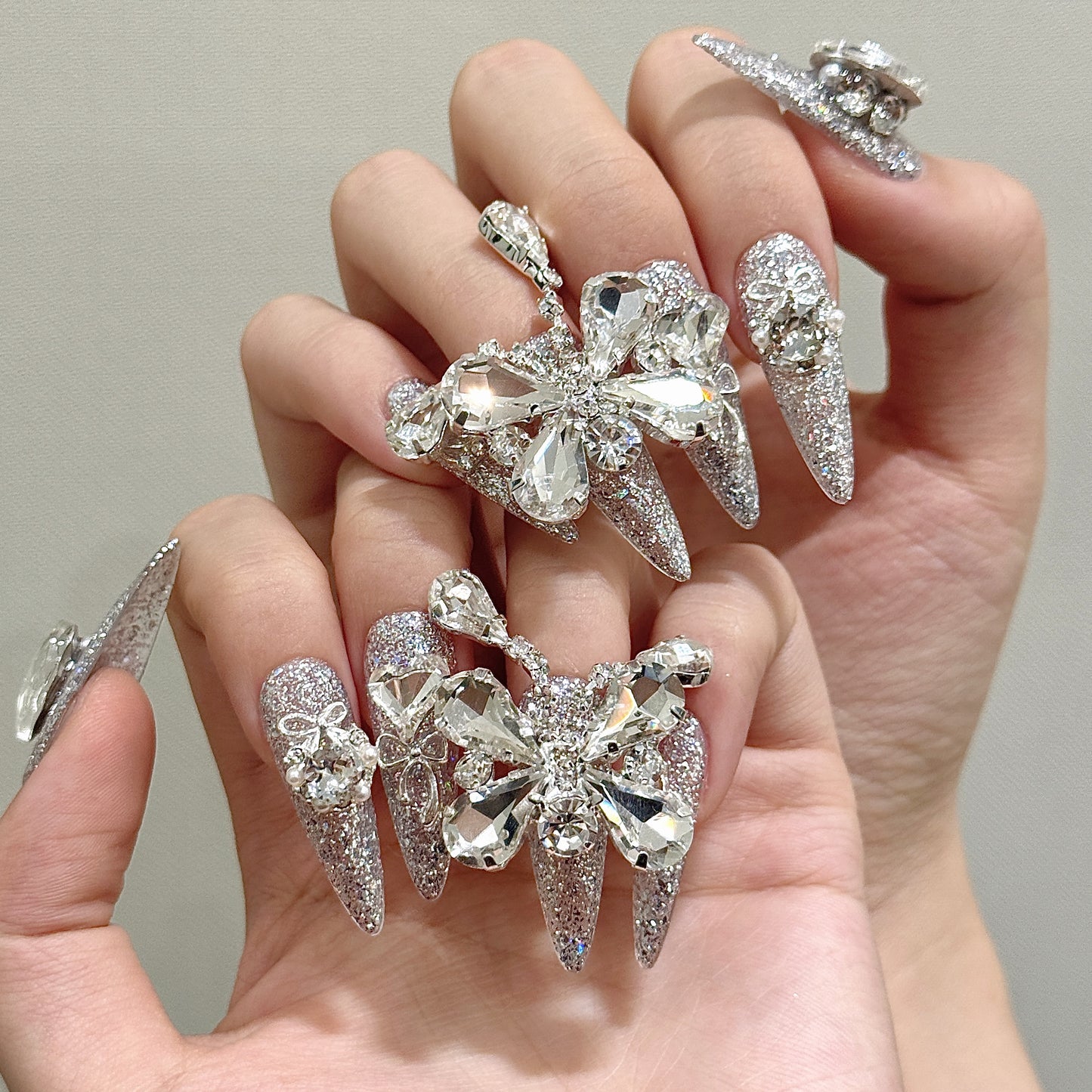 Silver Sparkle Butterfly Gemstone Press - on Nails