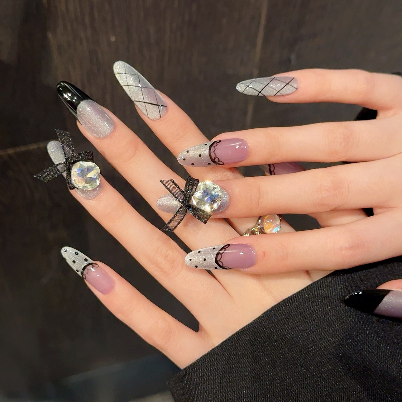 Purple - Silver - black Diamond Bow Elegant Press - on Nails