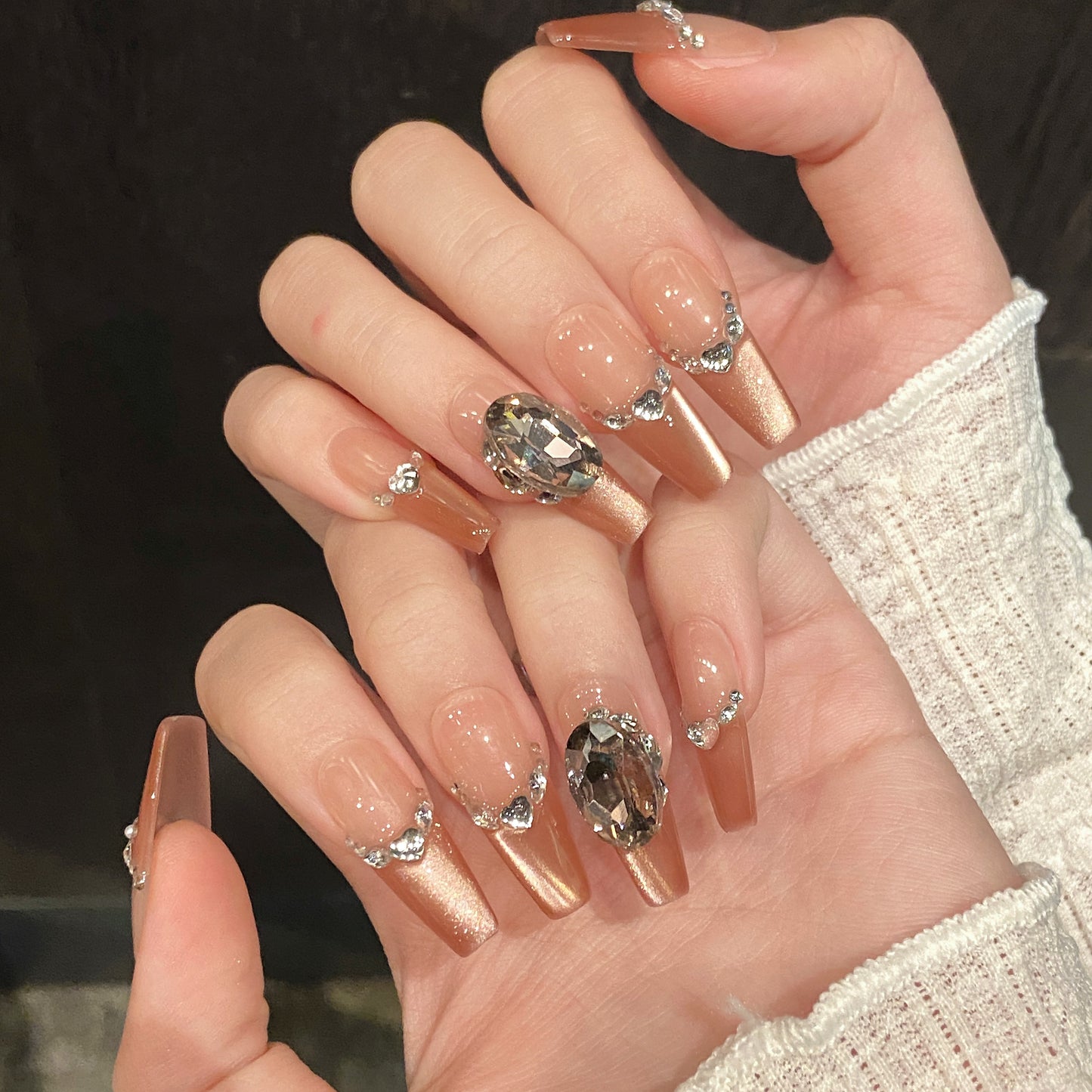 Nude - Pink Brown Gradient Gemstone Glam Press - on Nails