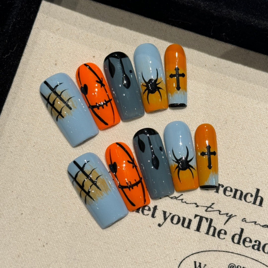 Halloween - themed Pumpkin Spider Cross Press - on Nails