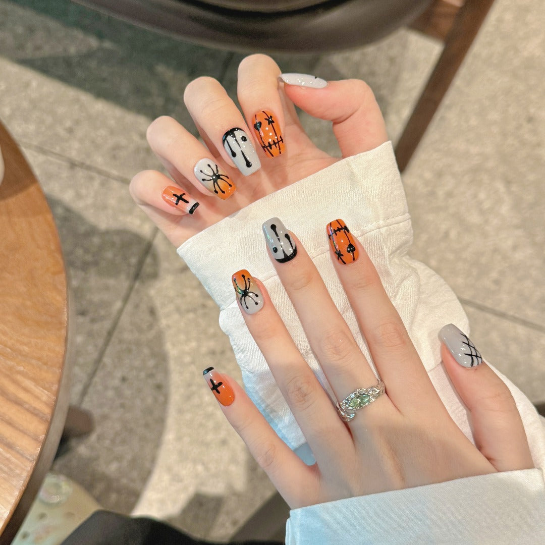 Halloween - themed Pumpkin Ghost Spider Press - on Nails