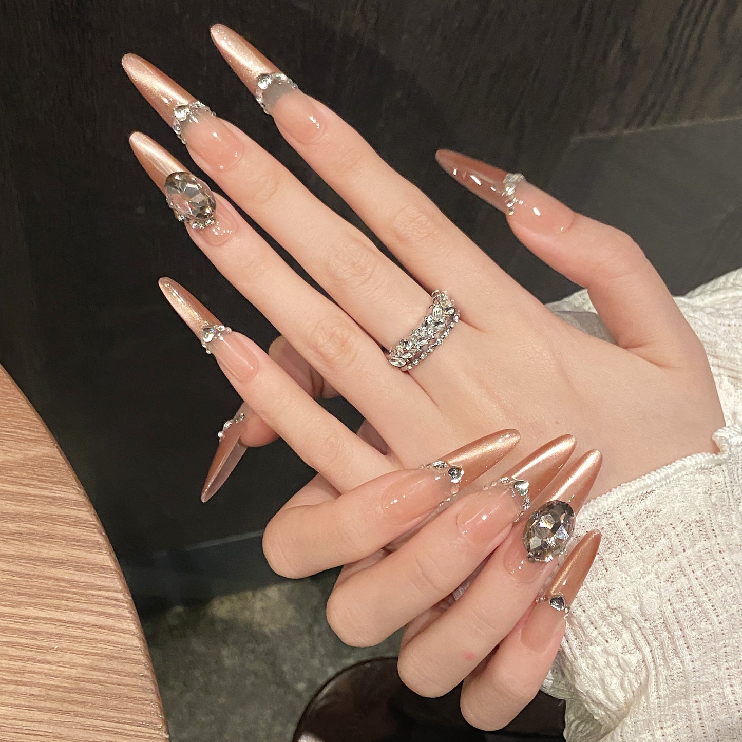 Nude - Pink Brown Gradient Gemstone Glam Press - on Nails