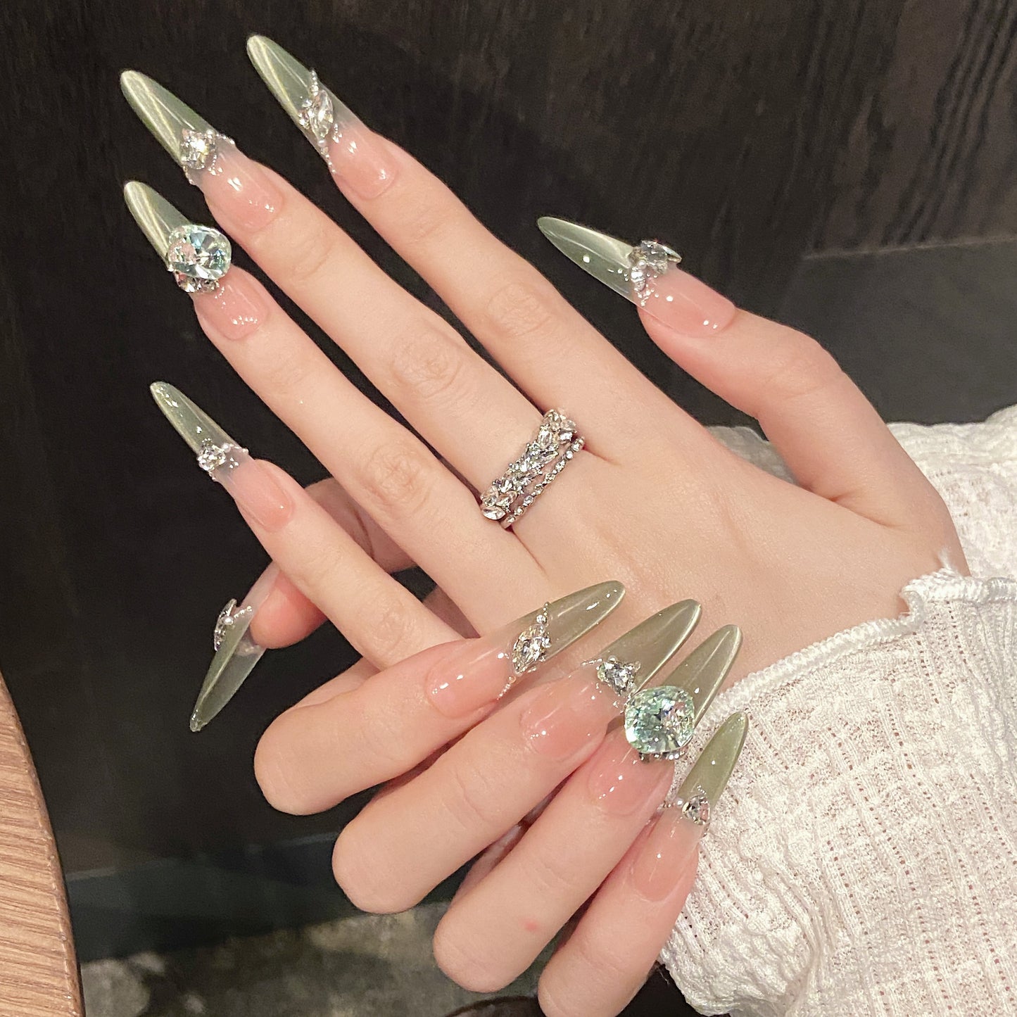 Pink - Green Gradient Butterfly Gemstone Glam Press - on Nails