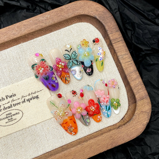 Colorful Floral Insect Elf - style Press - on Nails