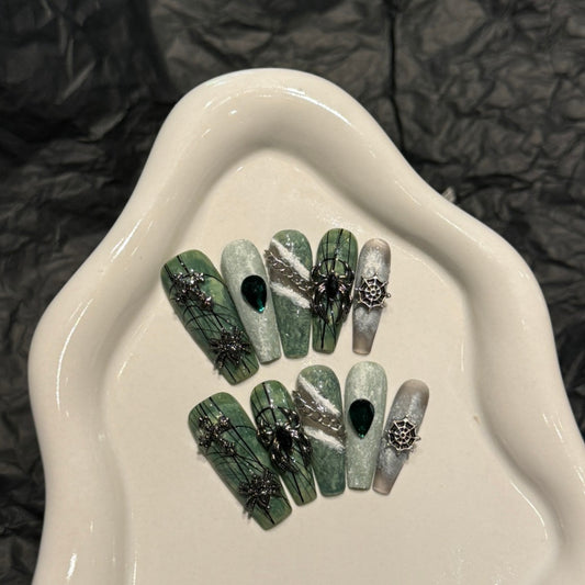 Emerald Dark Spider Glam Nails