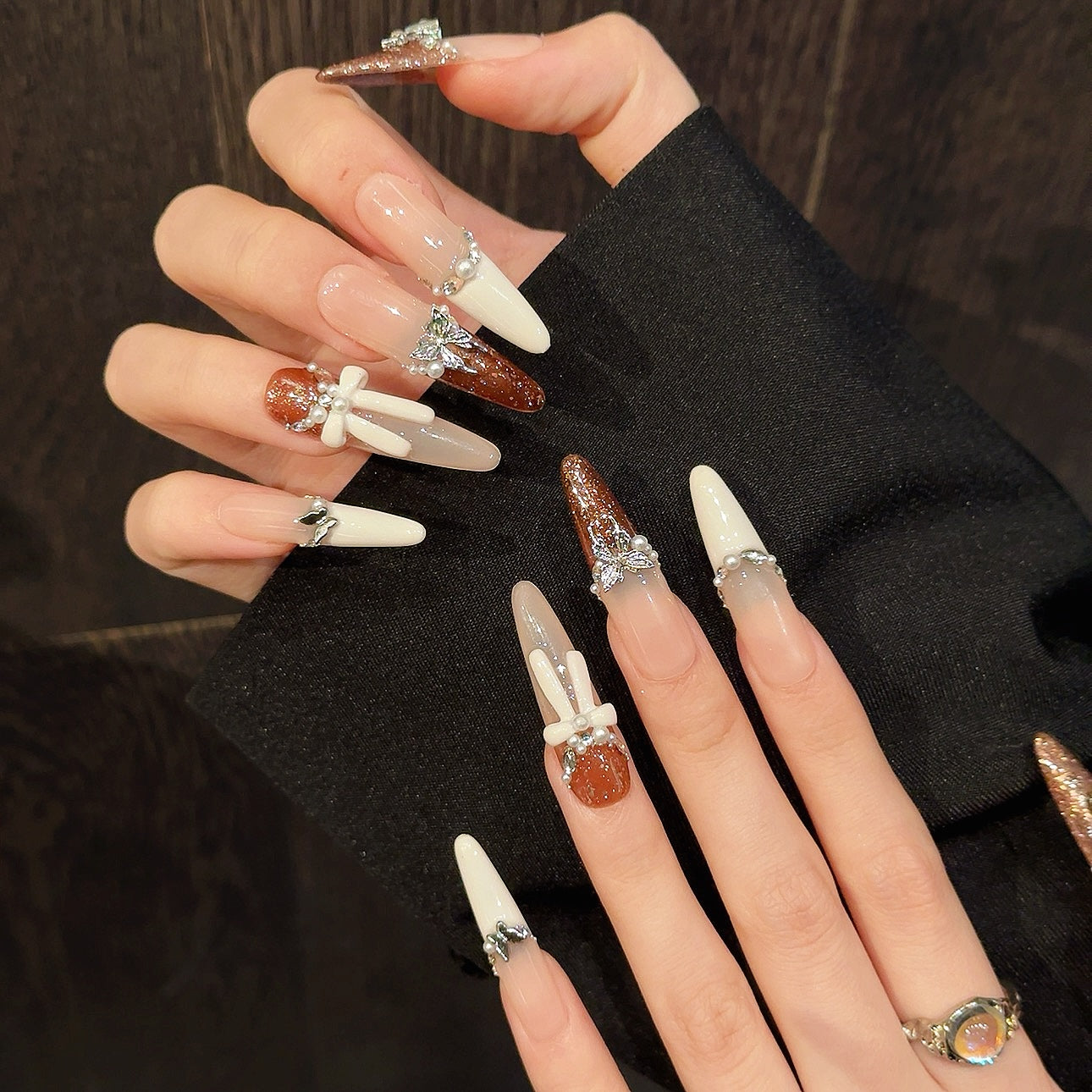 Pink - Brown Butterfly Pearl Bow Elegant Press - on Nails