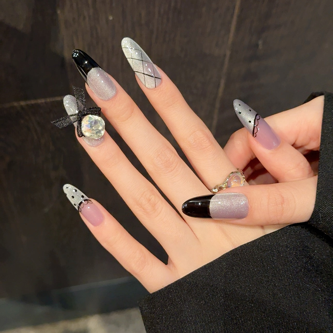 Purple - Silver - black Diamond Bow Elegant Press - on Nails