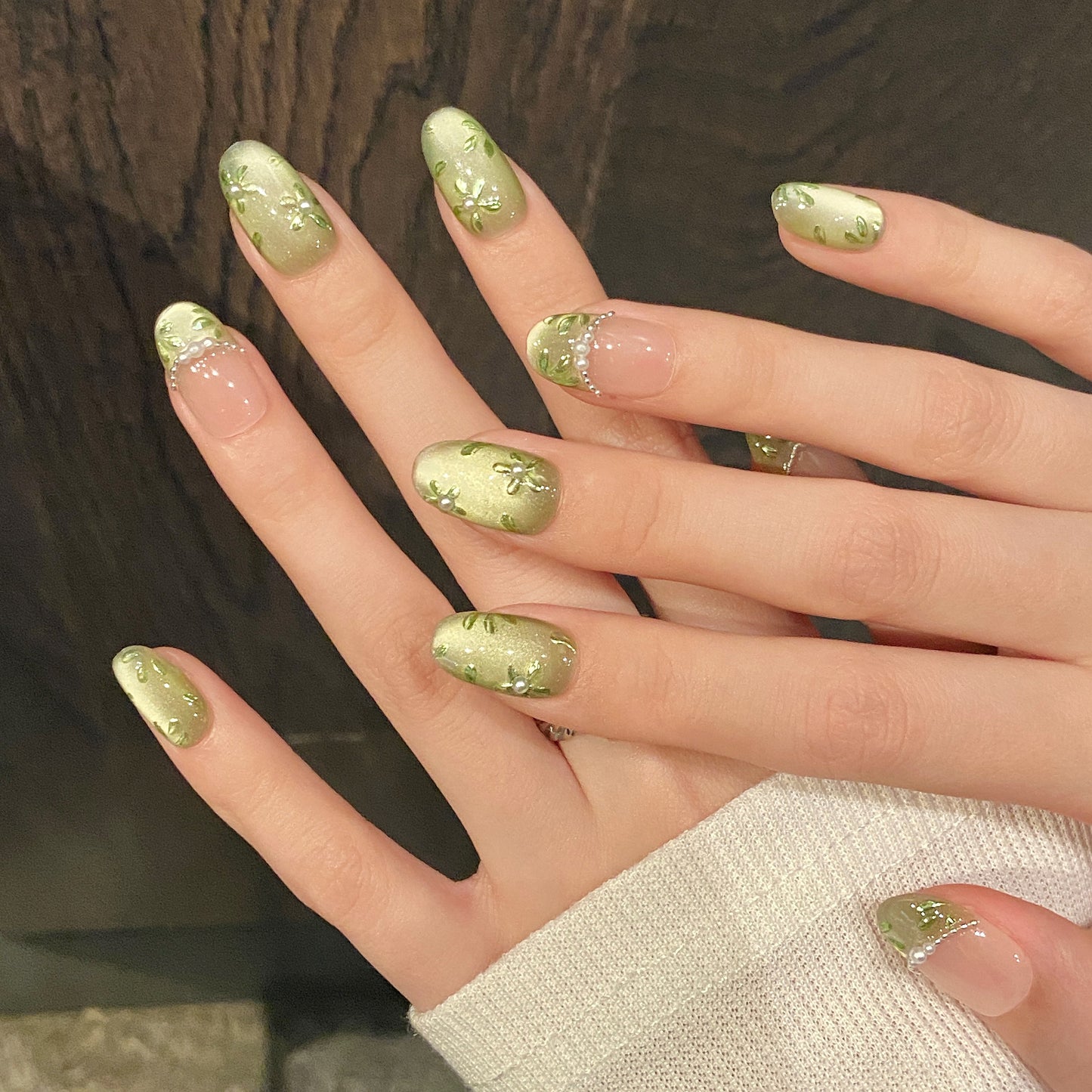 Green - Pink Floral Pearl Press - on Nails