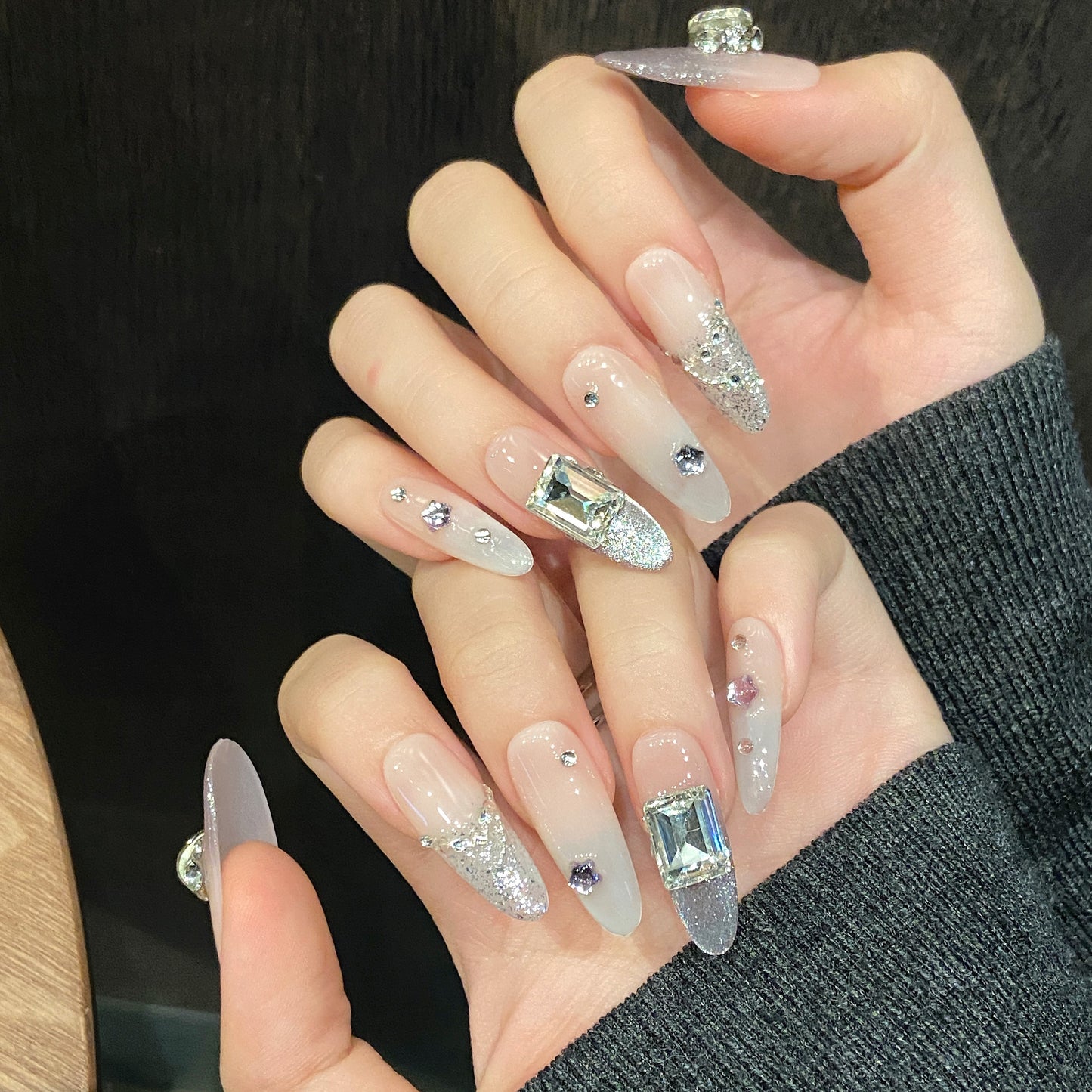 Pink Silver Glitter Gemstone Glam Press - on Nails